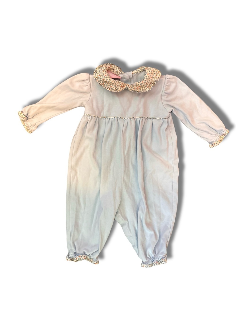 Petit Bebe Baby Girl 6 Months Blue Long Sleeve Romper Floral Peter Pan Collar
